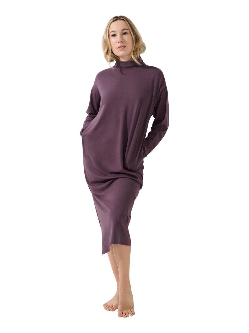 Tenue détente chemise de nuit manches longues col montant Olena Violet prune - Kiabi