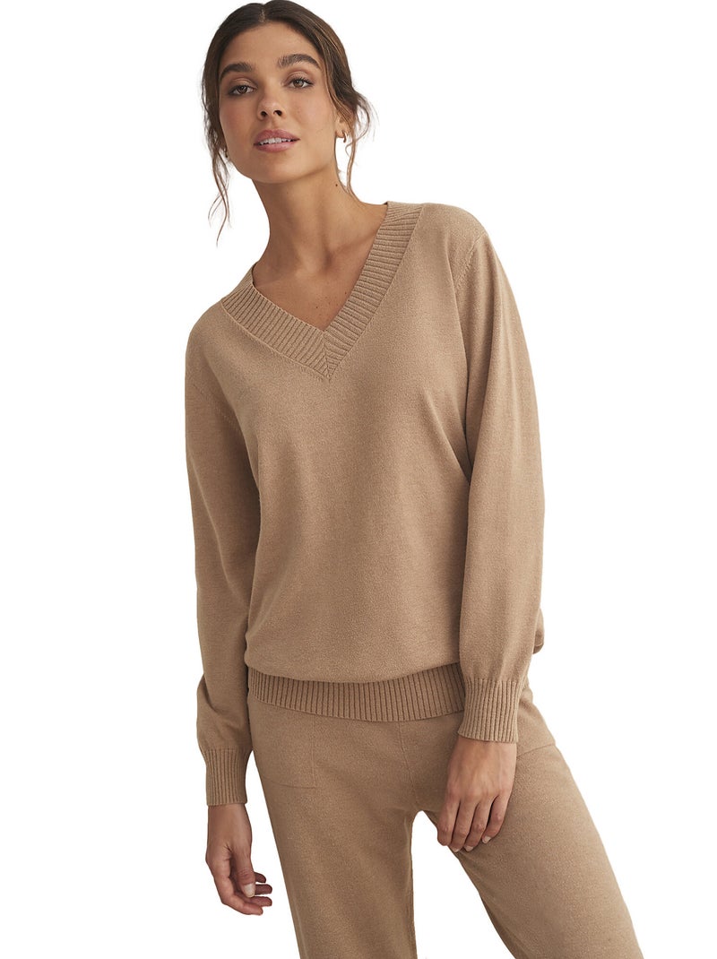 Tenue détente et intérieur pyjama pantalon top col V TRICOTP98 Marron - Kiabi