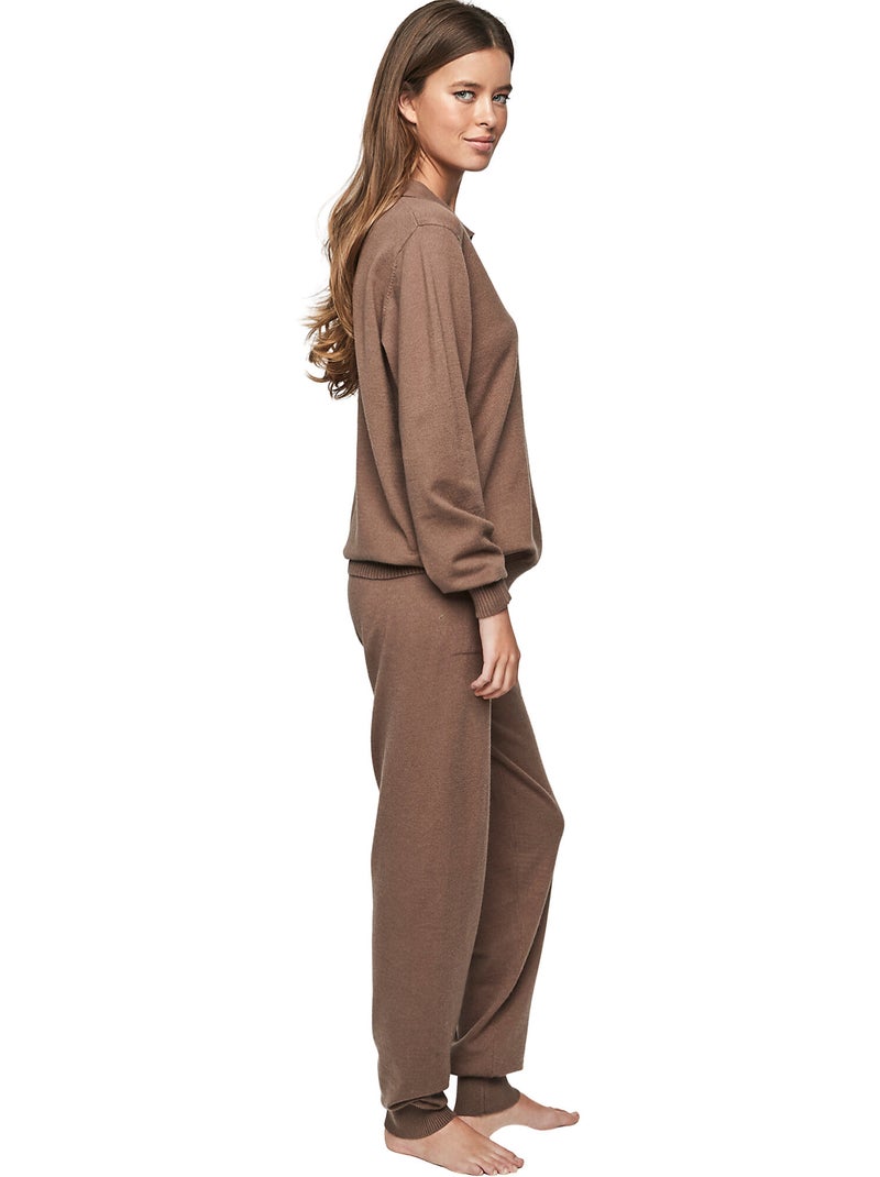 Tenue détente pyjama pantalon top col polo P108 MINIMAL PREMIUM Marron - Kiabi