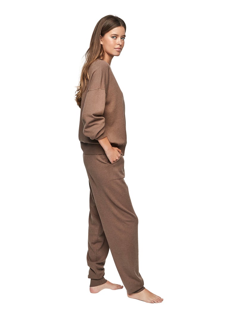 Tenue détente pyjama pantalon top col rond P108 MINIMAL PREMIUM Marron - Kiabi