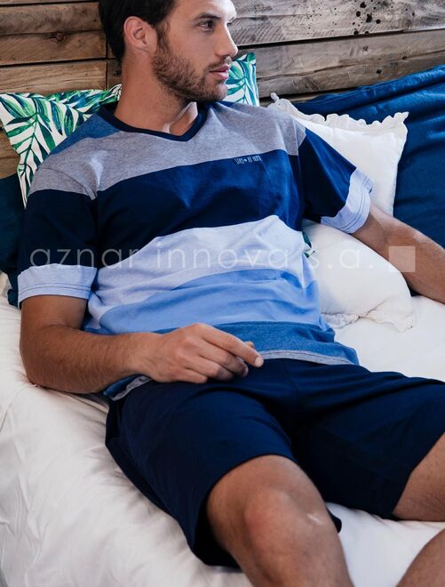 Tenue d'intérieur pyjama short t-shirt Stay Stripes bleu - Kiabi