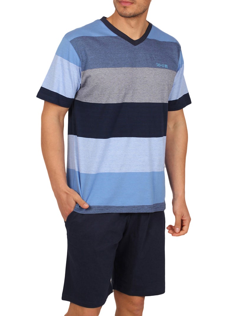 Tenue d'intérieur pyjama short t-shirt Stay Stripes bleu Bleu - Kiabi