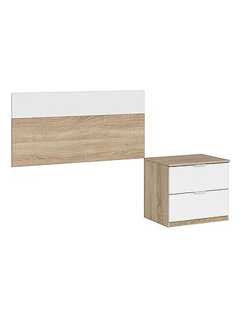 Tête de lit effet bois blanc, 1 chevet, 2 tiroirs 100cm