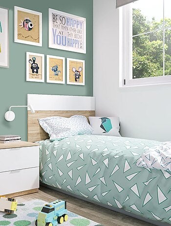 Tête de lit effet bois blanc, 1 chevet, 2 tiroirs 100cm