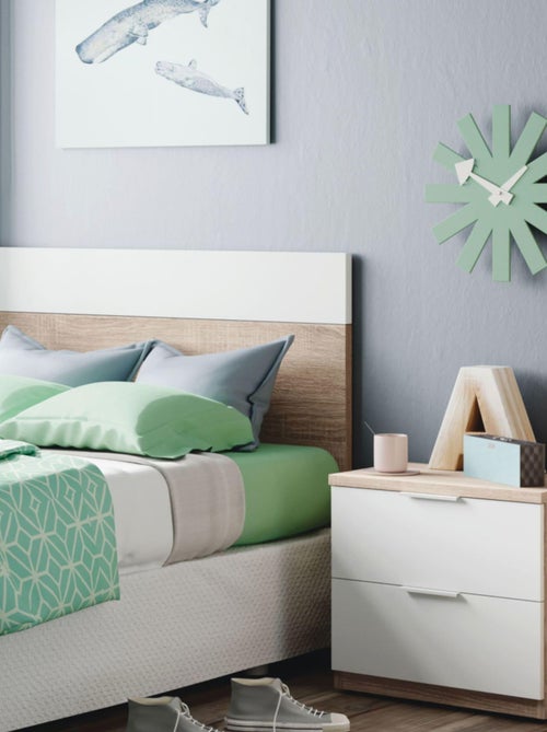 Tête de lit effet bois blanc, 1 chevet, 2 tiroirs 100cm - Kiabi
