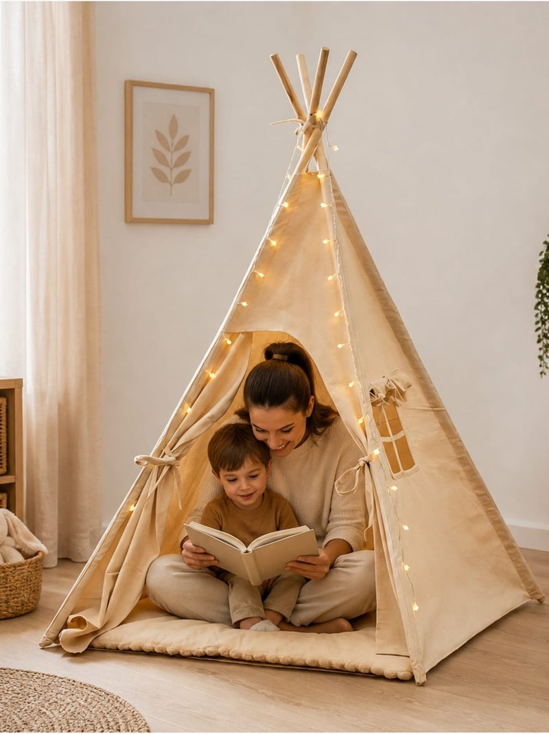 Tipi enfant avec tapis avec guirlandes Bois naturel - Kiabi