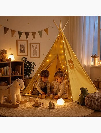 Tipi enfant avec tapis et guirlandes