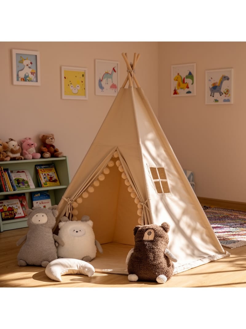Tipi enfant gros pompons avec tapis de sol Taupe - Kiabi