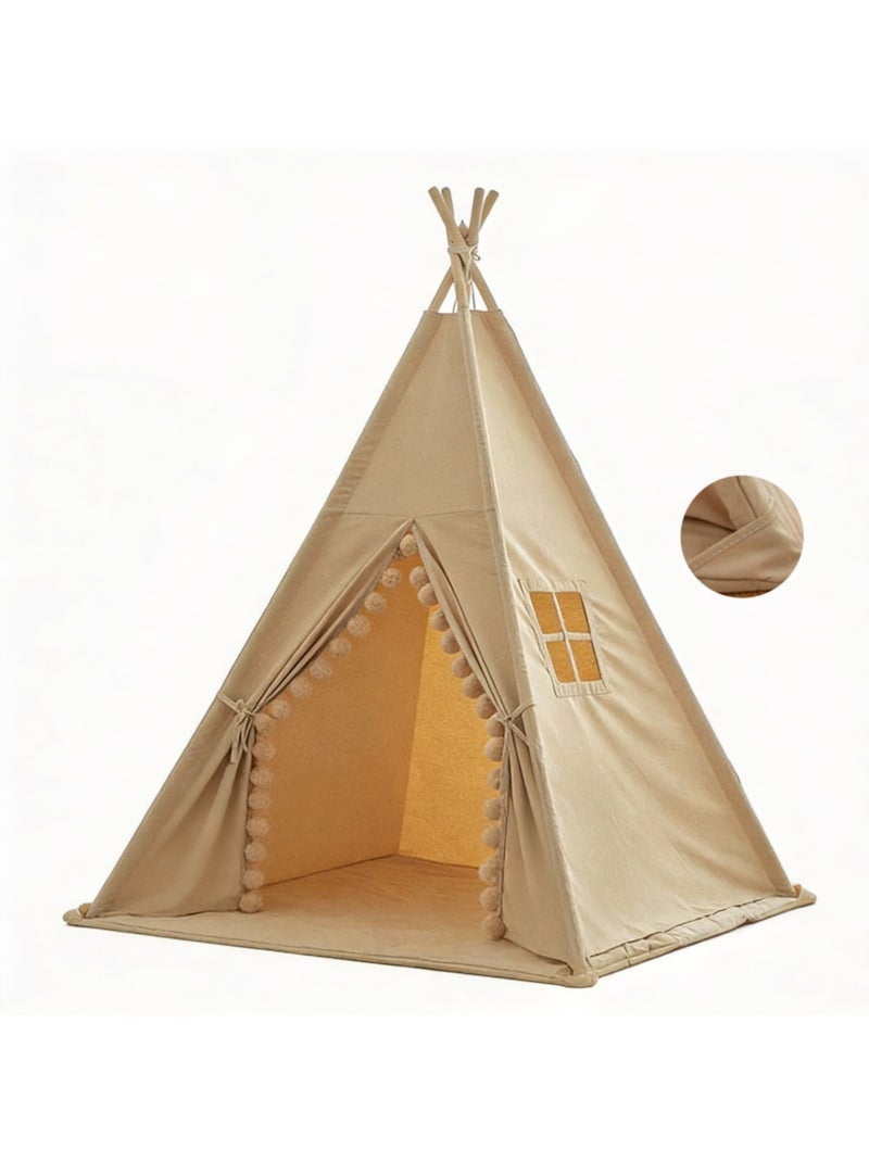 Tipi enfant gros pompons avec tapis de sol Taupe - Kiabi