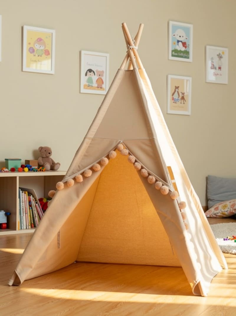 Tipi enfant gros pompons avec tapis de sol Taupe - Kiabi