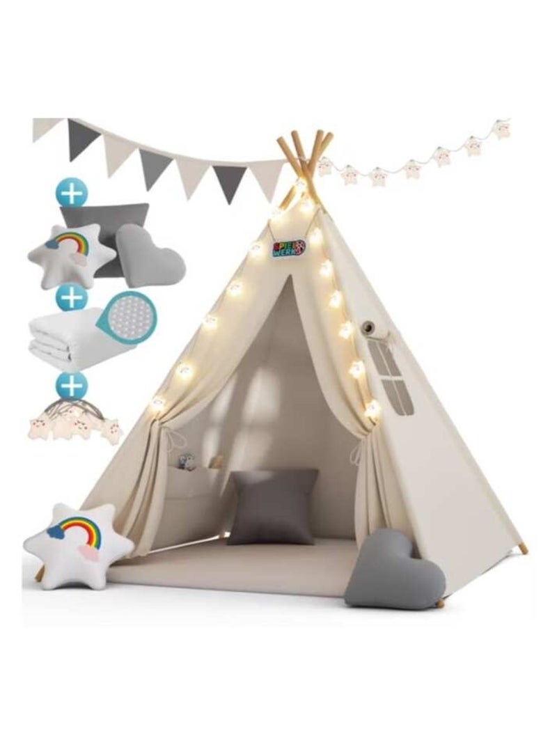 Tipi pour enfant avec tapis, coussins et guirlande Crème - Kiabi