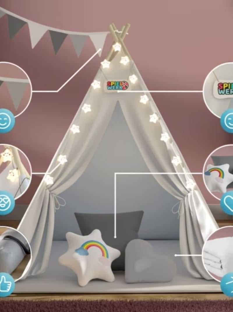 Tipi pour enfant avec tapis, coussins et guirlande Crème - Kiabi