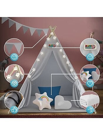 Tipi pour enfant avec tapis, coussins et guirlande