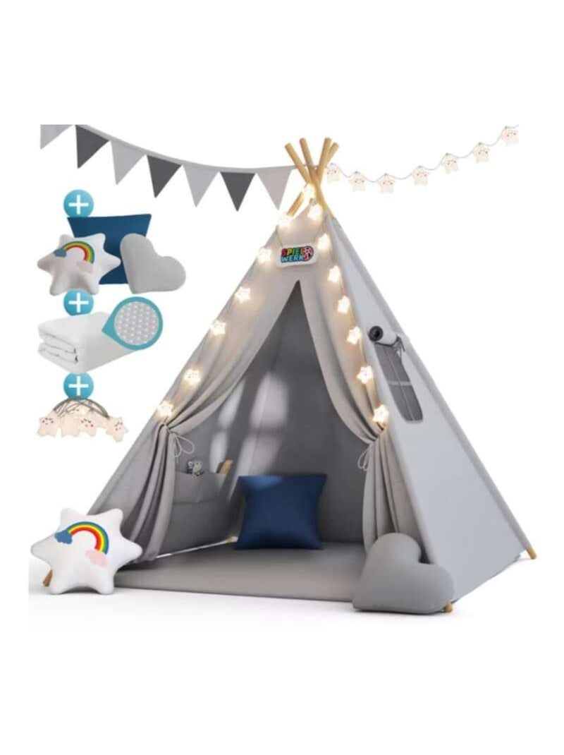 Tipi pour enfant avec tapis, coussins et guirlande Gris - Kiabi