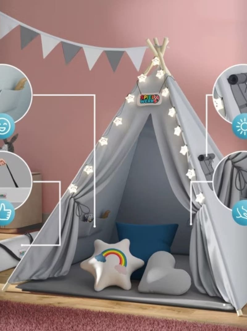 Tipi pour enfant avec tapis, coussins et guirlande Gris - Kiabi
