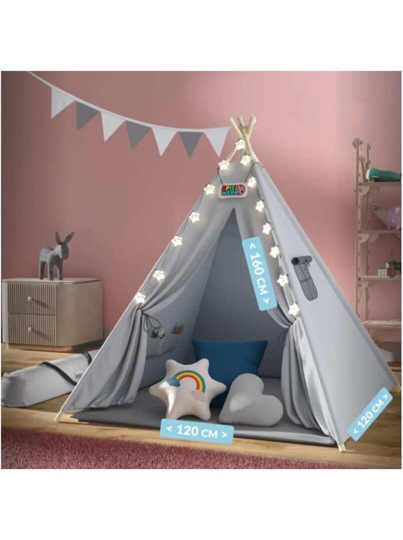 Tipi pour enfant avec tapis, coussins et guirlande Gris - Kiabi