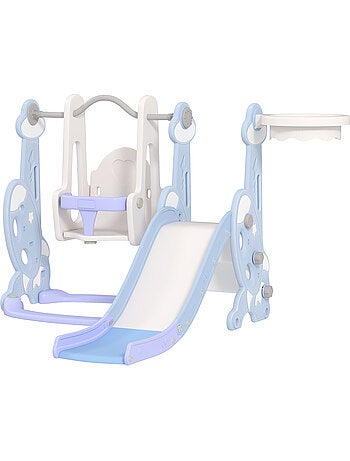 Toboggan balançoire panier basket enfant 3 en 1 design fusée hdpe blanc bleu