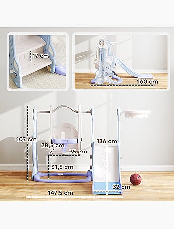 Toboggan balançoire panier basket enfant 3 en 1 design fusée hdpe blanc bleu