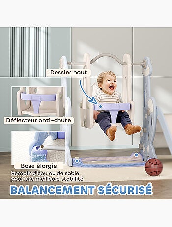 Toboggan balançoire panier basket enfant 3 en 1 design fusée hdpe blanc bleu