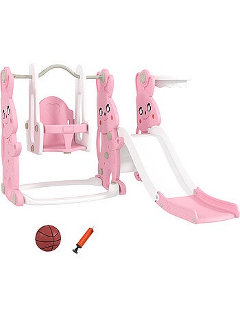 Toboggan balançoire panier basket enfant 3 en 1 design lapin hdpe blanc rose