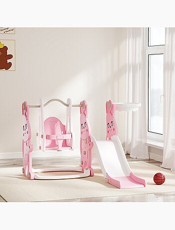 Toboggan balançoire panier basket enfant 3 en 1 design lapin hdpe blanc rose