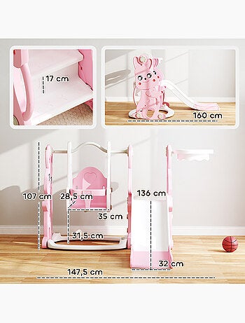 Toboggan balançoire panier basket enfant 3 en 1 design lapin hdpe blanc rose
