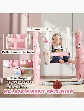 Toboggan balançoire panier basket enfant 3 en 1 design lapin hdpe blanc rose
