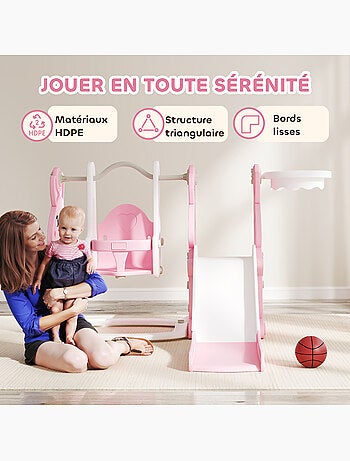 Toboggan balançoire panier basket enfant 3 en 1 design lapin hdpe blanc rose