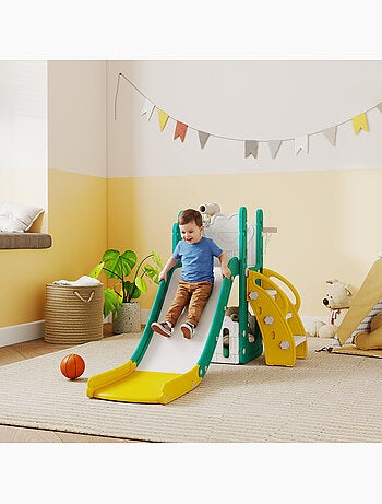 Toboggan enfant design grenouille - panier de basket-ball intégré - blanc jaune turquoise