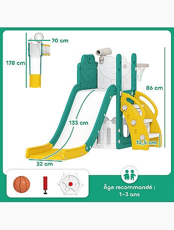 Toboggan enfant design grenouille - panier de basket-ball intégré - blanc jaune turquoise