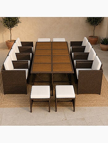 TOLEDO Salon de jardin 12 pl en résine marron et coussins beige + housse