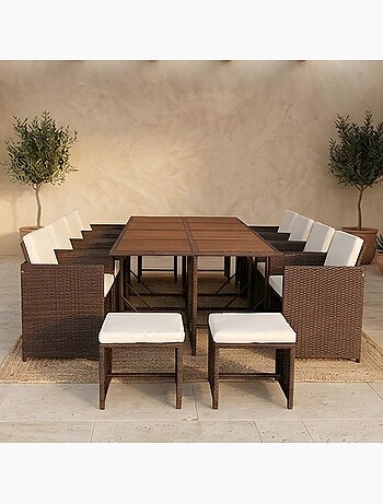 TOLEDO Salon de jardin 12 pl en résine marron et coussins beige + housse