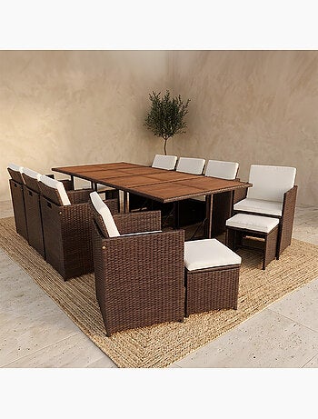TOLEDO Salon de jardin 12 pl en résine marron et coussins beige + housse