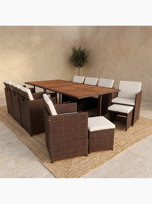 TOLEDO Salon de jardin 12 pl en résine marron et coussins beige + housse - Kiabi