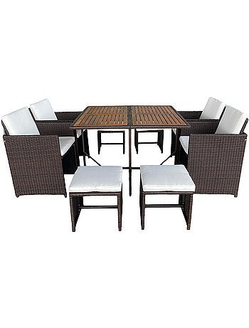 TOLEDO Salon de jardin 8 pl en résine marron et coussins beige + housse