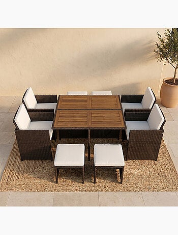 TOLEDO Salon de jardin 8 pl en résine marron et coussins beige + housse