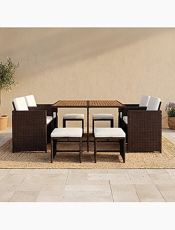 TOLEDO Salon de jardin 8 pl en résine marron et coussins beige + housse
