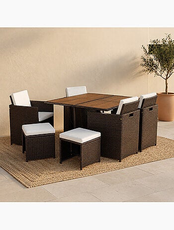 TOLEDO Salon de jardin 8 pl en résine marron et coussins beige + housse