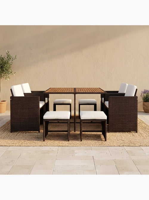 TOLEDO Salon de jardin 8 pl en résine marron et coussins beige + housse - Kiabi