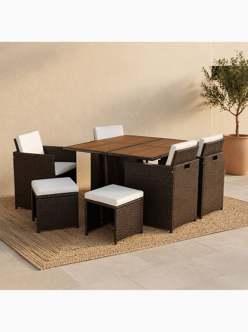 TOLEDO Salon de jardin 8 pl en résine marron et coussins beige + housse - Kiabi