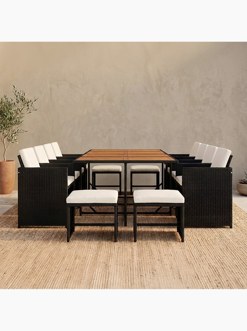 TOLEDO Salon de jardin encastrable 12 places en bois d'acacia et résine tressée noir + housse Beige - Kiabi