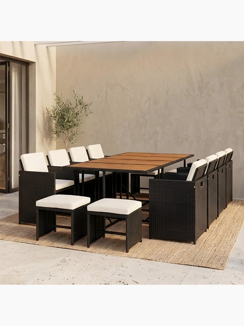 TOLEDO Salon de jardin encastrable 12 places en bois d'acacia et résine tressée noir + housse Beige - Kiabi