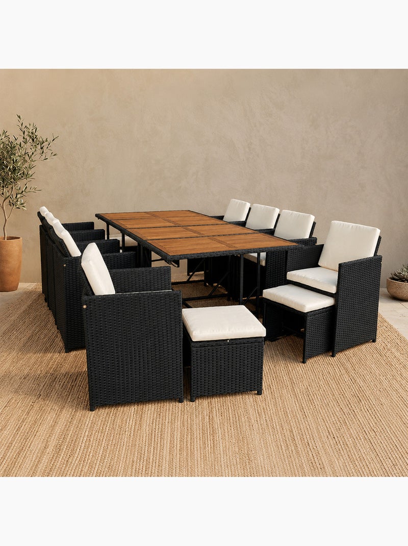 TOLEDO Salon de jardin encastrable 12 places en bois d'acacia et résine tressée noir + housse Beige - Kiabi