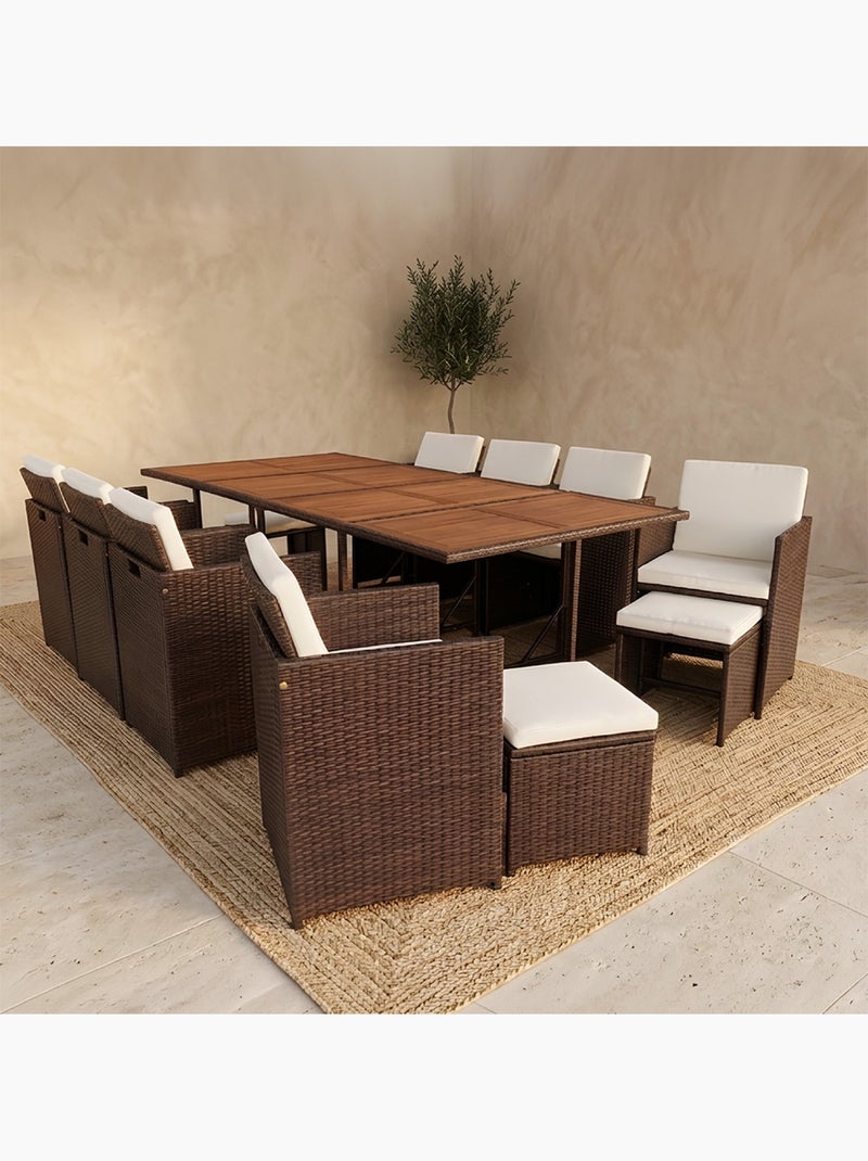 TOLEDO Salon de jardin encastrable 12 places en résine tressée marron et coussins beige + housse Marron - Kiabi