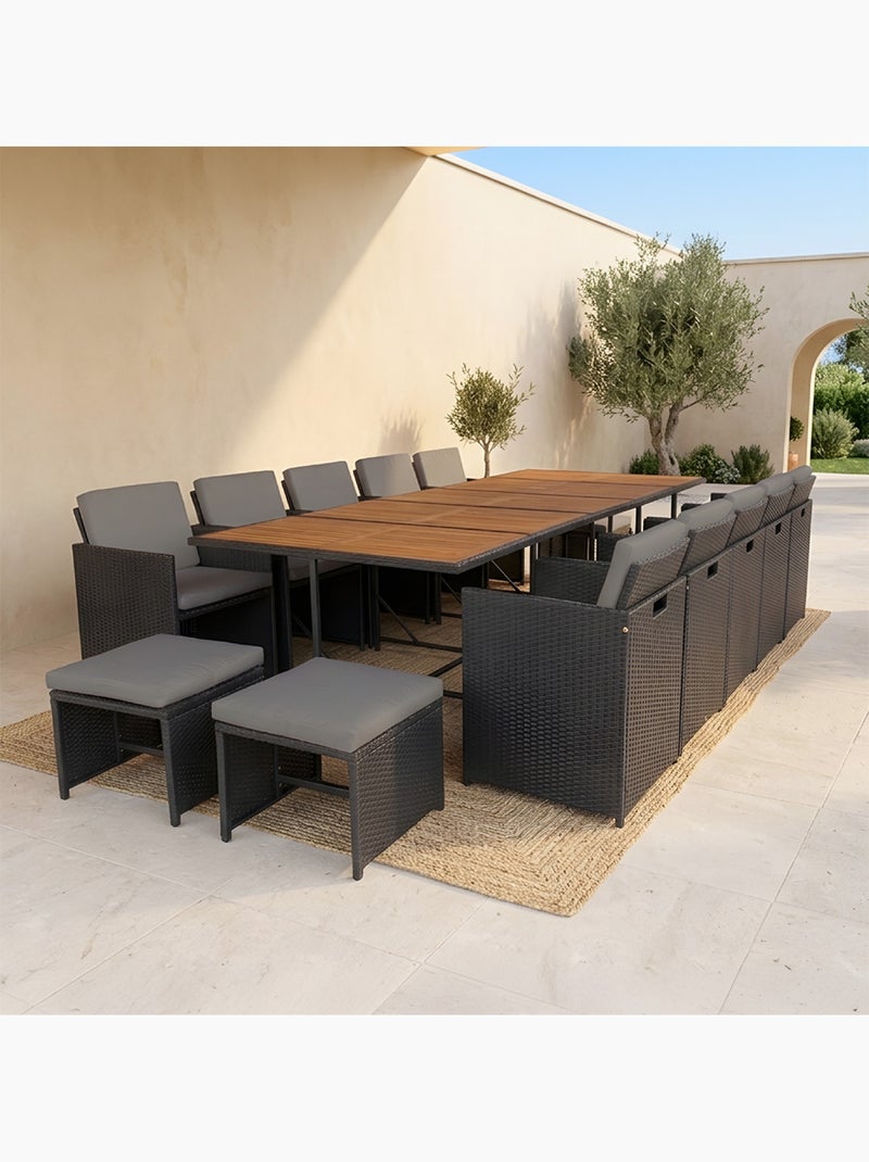 TOLEDO Salon de jardin encastrable 14 places en bois d'acacia et résine tressée noir + housse Gris Noir - Kiabi