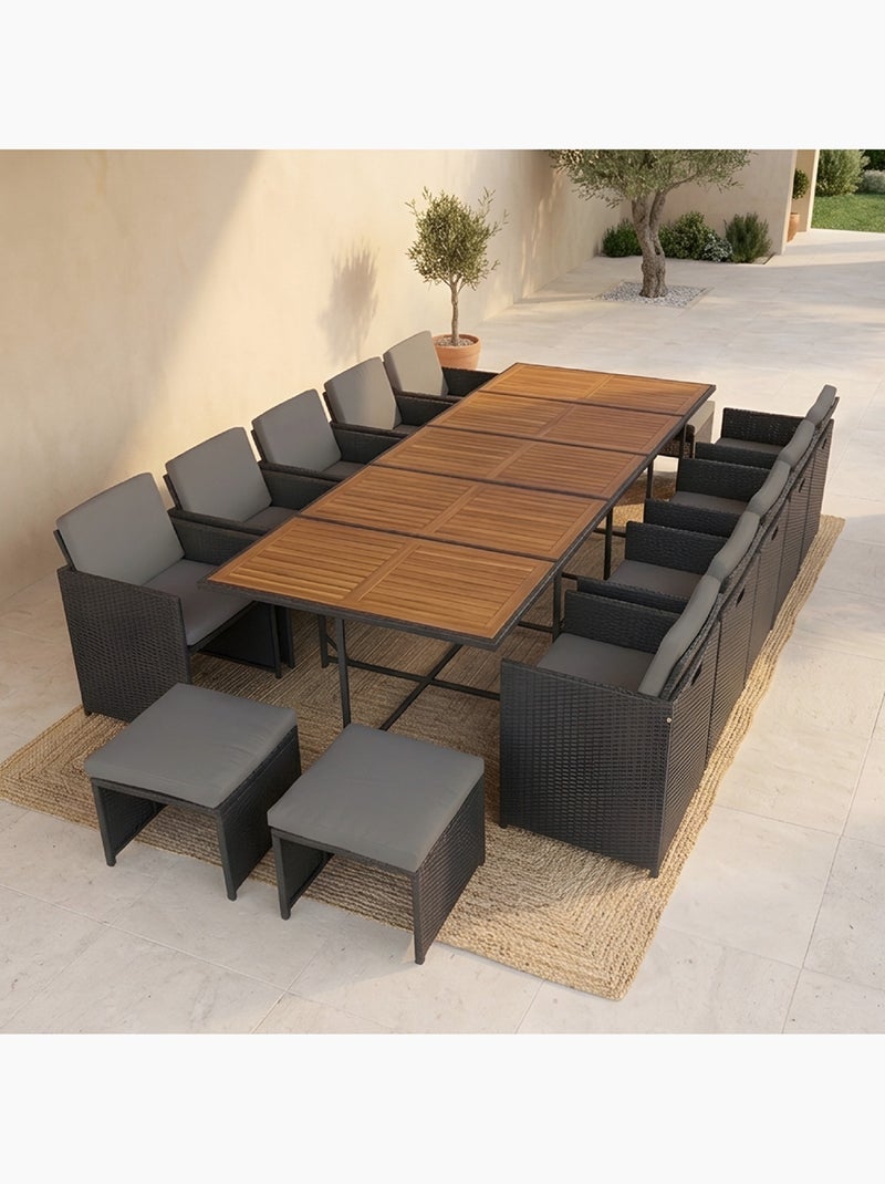 TOLEDO Salon de jardin encastrable 14 places en bois d'acacia et résine tressée noir + housse Gris Noir - Kiabi