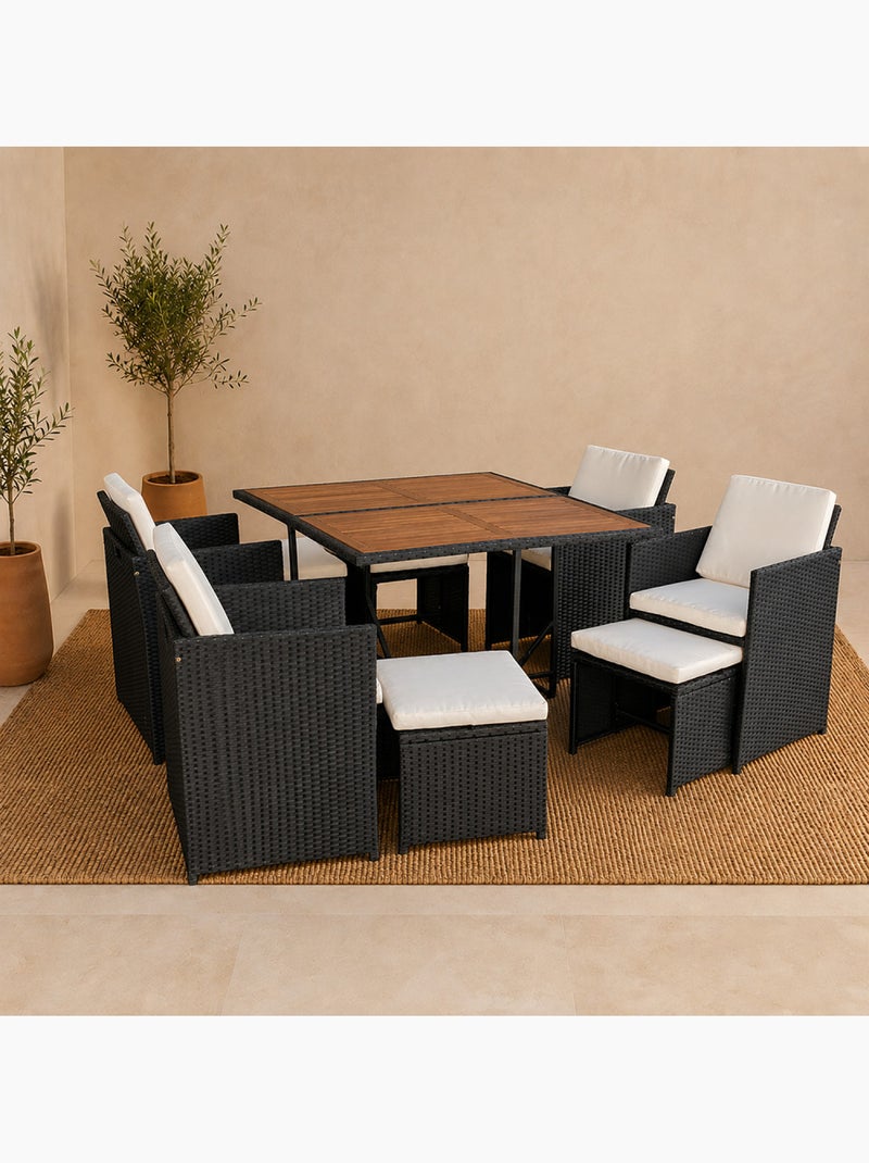 TOLEDO Salon de jardin encastrable 8 places en bois d'acacia et résine tressée noir + housse Beige - Kiabi