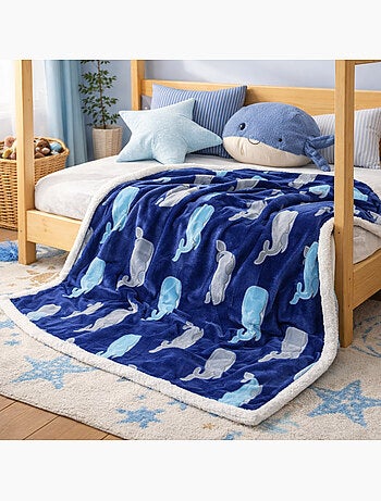 Tom kids - plaid polaire doux à motifs baleines 70 x 100 cm, doublure effet mouton