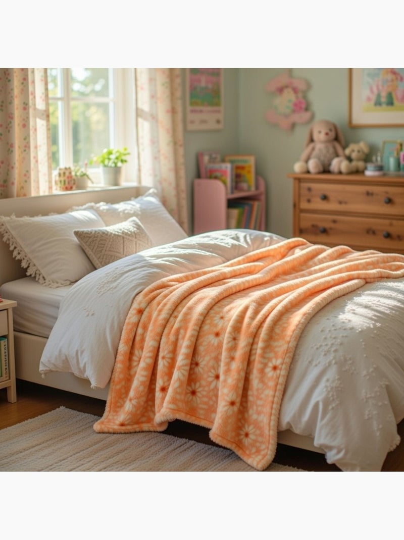 Tom kids - plaid polaire doux à motifs fleurs 75 x 150 cm, doublure effet mouton Orange - Kiabi