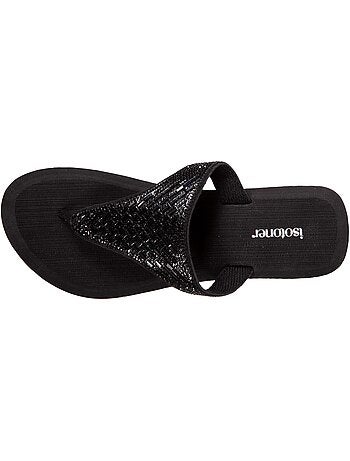 Tongs à talon 4 cm, tiges larges et perlées isotoner